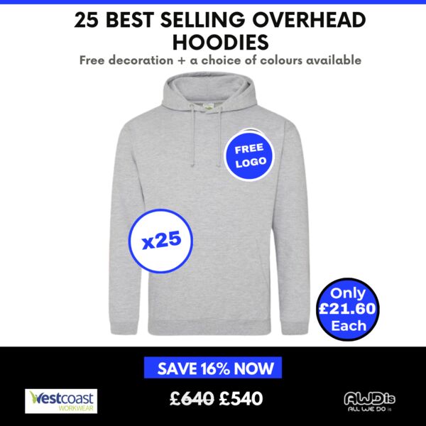 25 x AWDis Best Selling Hoodies + Free left chest logo Thumbnail